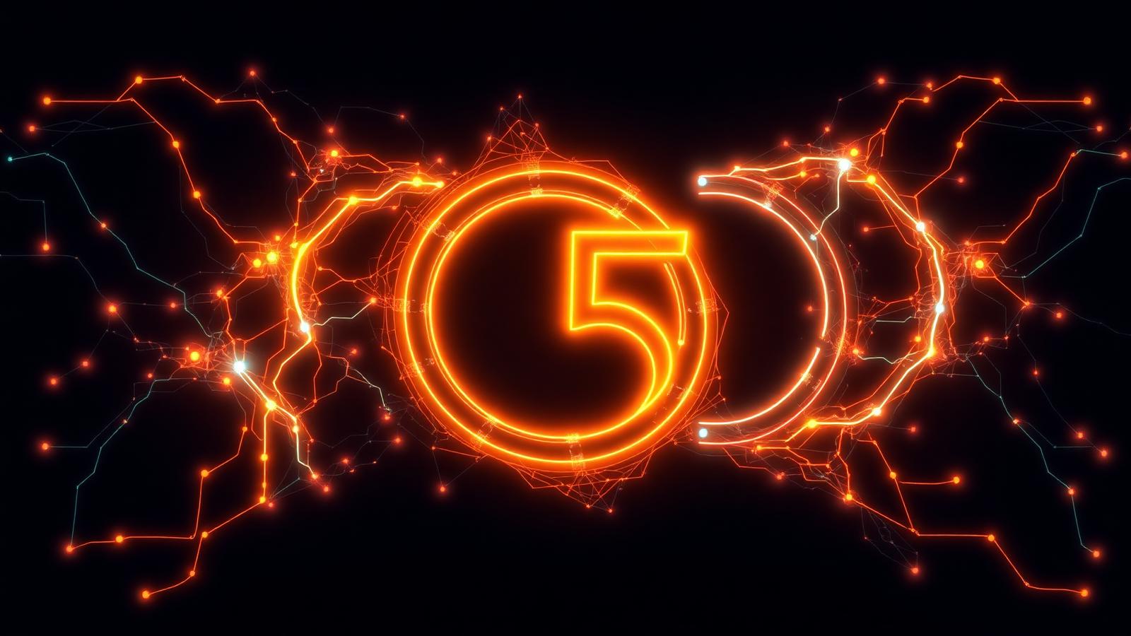 Glowing amber neural pathways forming a stylized O5 emblem — Claude Opus 5